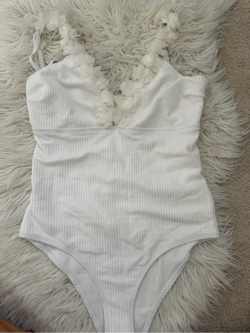 SHEIN White Floral-Appliqué Ribbed One-Piece Swimsuit